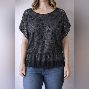 Laura Black Lace Coquette Fringe Blouse Size M All Over Shimmer Whimsygoth